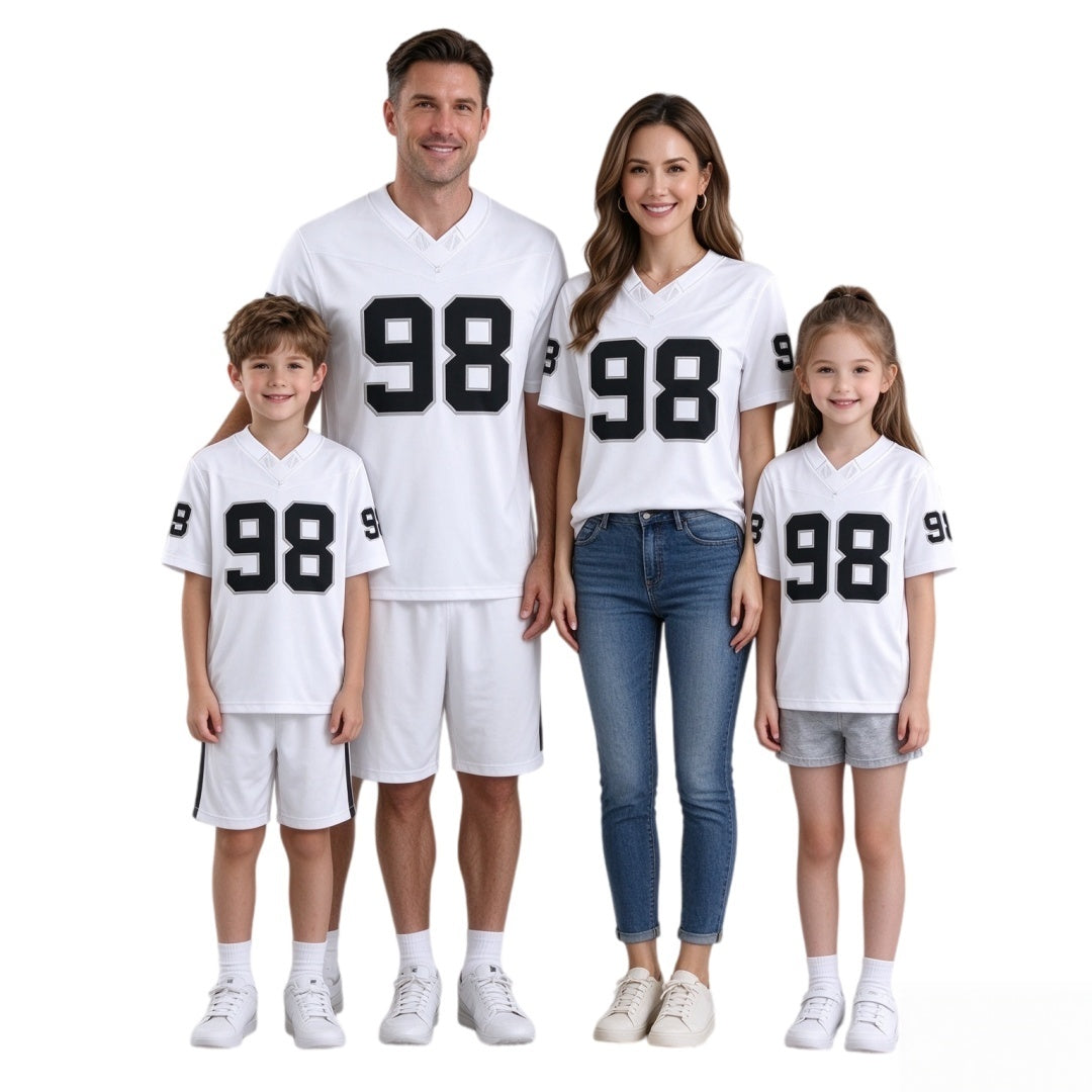 Breathable Mesh Football #98 White Team Jersey for Whole Family, Matching Fan Outfit | Free Shipping + Free Knit Hat